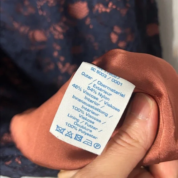 Boden Navy Lace Overlay Rust Satin Sheath Dress Size 12 - Picture 6 of 6